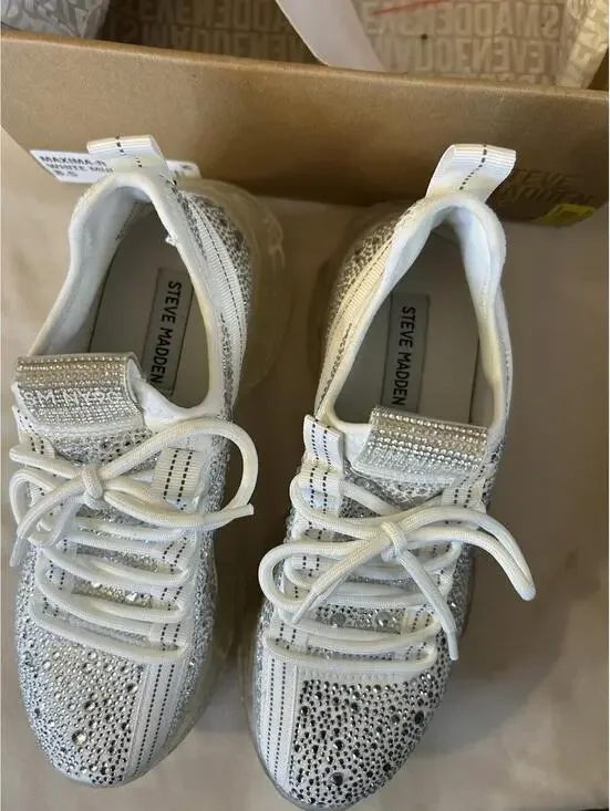 Steve Madden Maxima-R White Rhinestone Fashion Slip On Sneaker - Picture 4 of 13